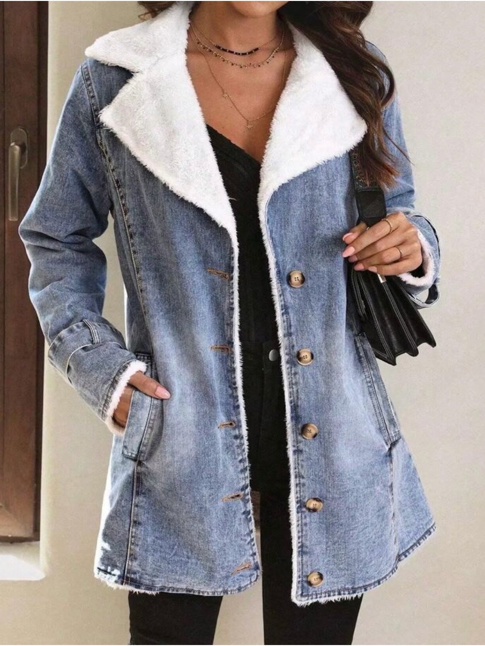 NWOT SHEIN Women's Light Blue Denim Sherpa-Lined Jacket - Size L